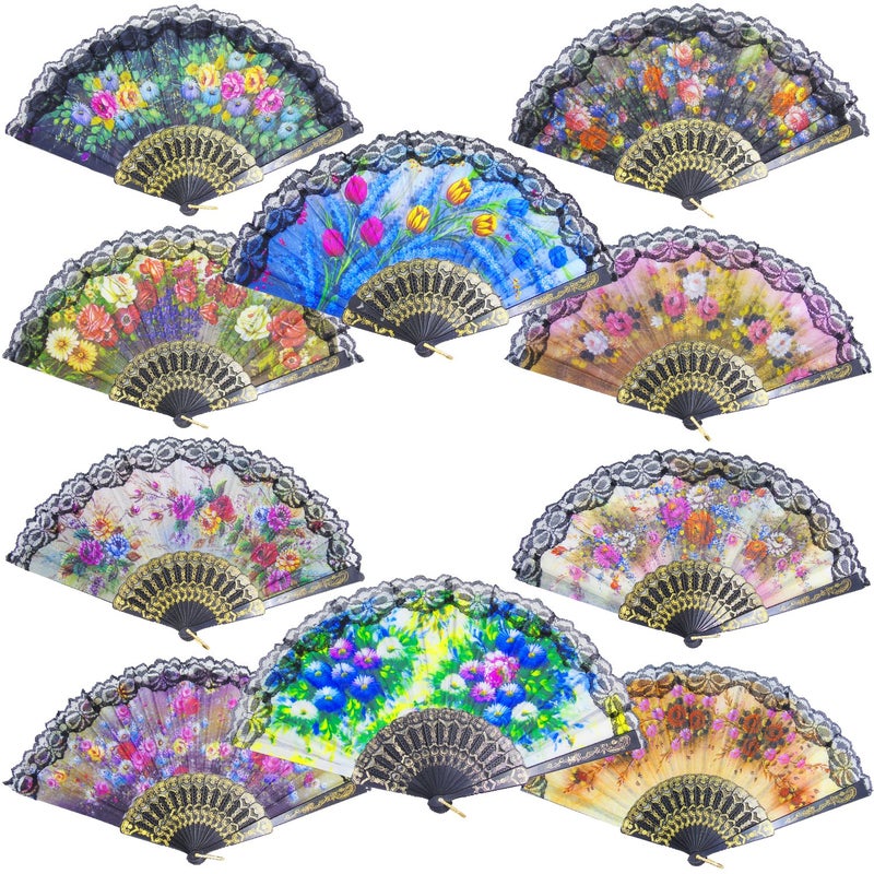 Grosun 10 Pieces Spanish Hand Fan Handheld Fans for Women Floral Spanish Folding Fan Foldable Fan Vintage Fans Handheld Hand Fan for Wedding and Party Decoration - Image 1